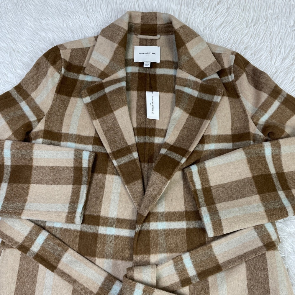 NWT Banana Republic Jacket Womens S Khaki Plaid Double Face Long Tie Waist Coat - Picture 2 of 13